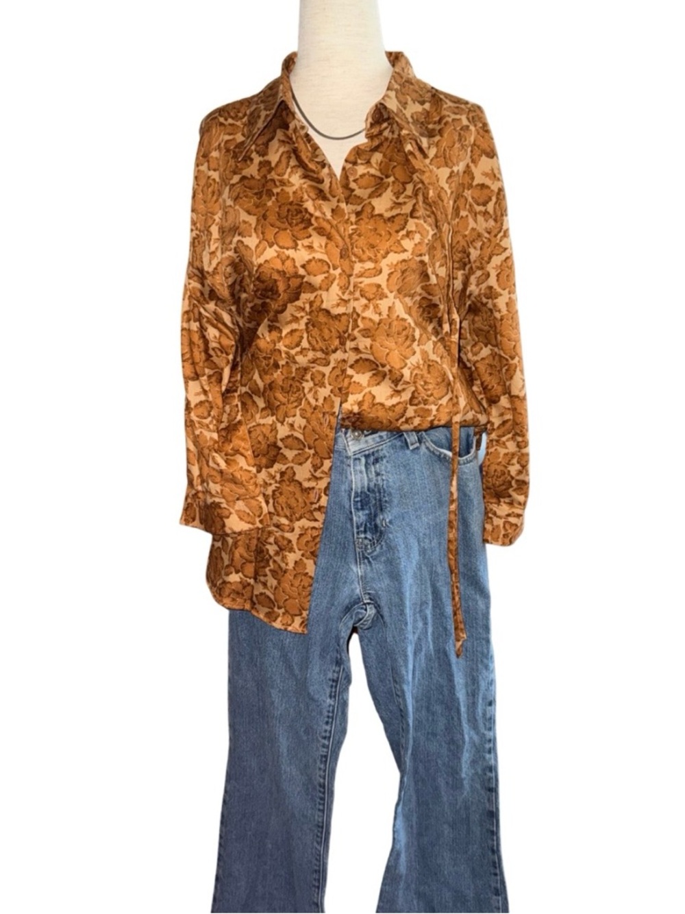 Vintage Western Equestrian Brown Floral Tie Neck Cotton Blouse XL